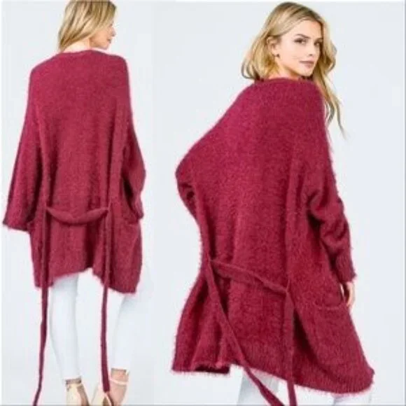 Cranberry Fuzzy Cardigan - Picture 2 of 2